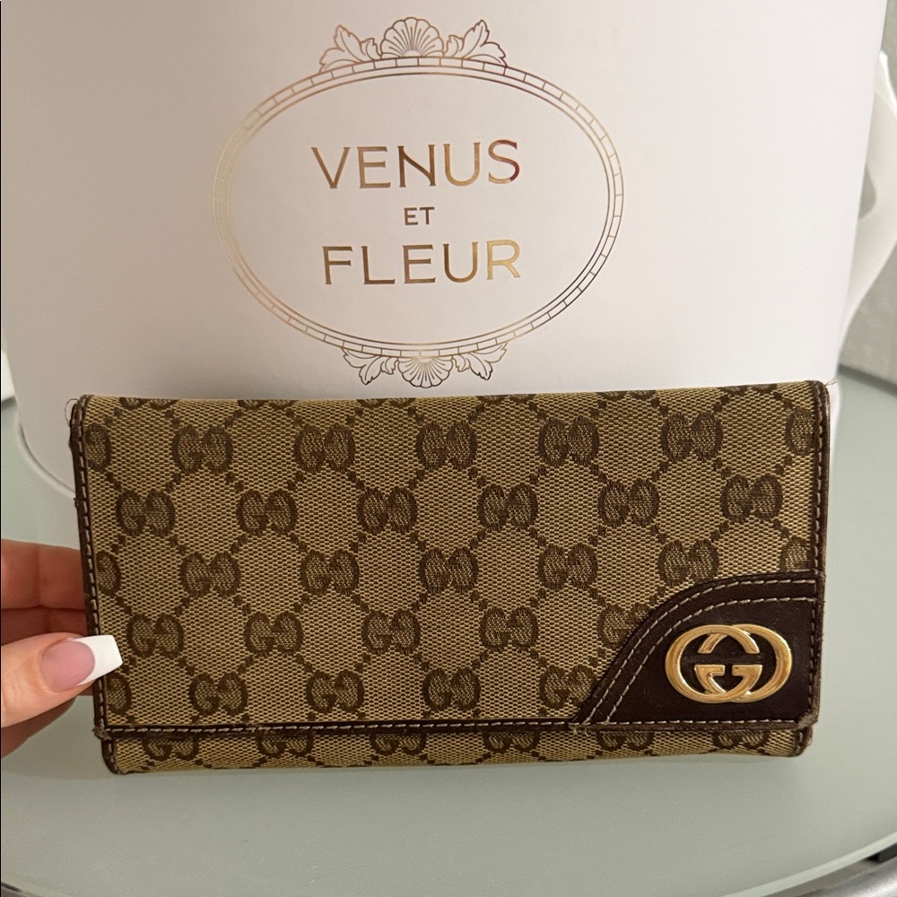Gucci Beige and Brown GG Canvas Continental Wallet with Gold Logo